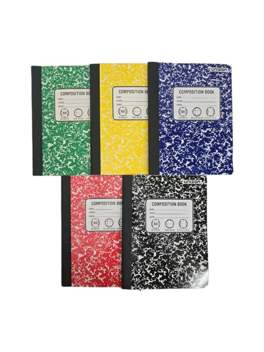 Lot Of 5 New Unison Composition/Notebooks 80 Sheets Wide/College Ruled 5 COLORS